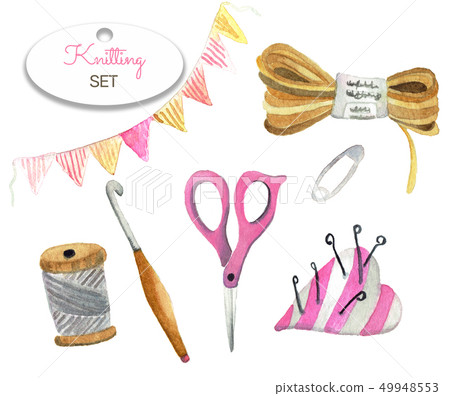 Watercolor set of knitting tools and crafts 49948553