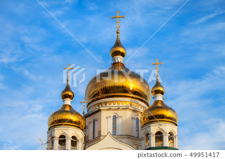 Orthodox cathedral domes and golden crosses Orthodox cathedral domes and golden crosses 49951417