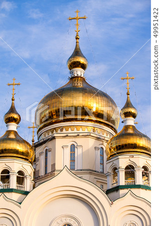 Orthodox cathedral domes and golden crosses Orthodox cathedral domes and golden crosses 49951422