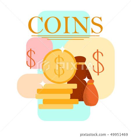Coins Stack, Money Bag Cartoon Vector Illustration 49951469