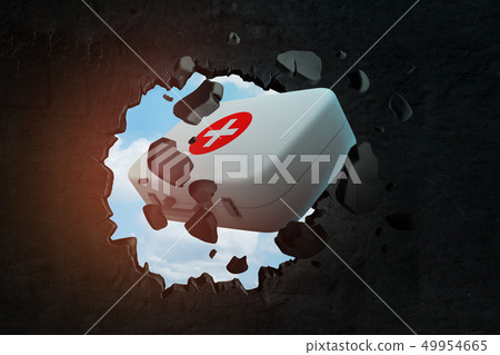 3d rendering of first aid medical box breaking black wall with blue sky background 3d rendering of first aid medical box breaking black wall with blue sky background 49954665