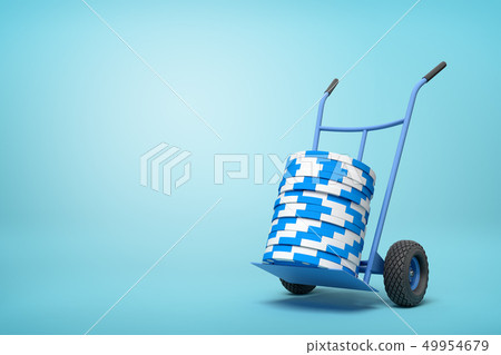 3d rendering of stack of blue and white poker chips on blue hand truck on light-blue background with 49954679