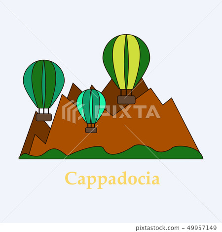 Illustration of a popular turkish travel destination Cappadocia. Balloons in the sky. 49957149