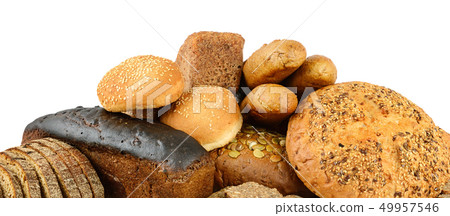 Bread and baked goods isolated on white. 49957546