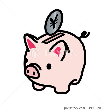 Illustration of cute pig (pig) with piggy bank and money (with main line) | image of savings / savings | Vector data 49958203