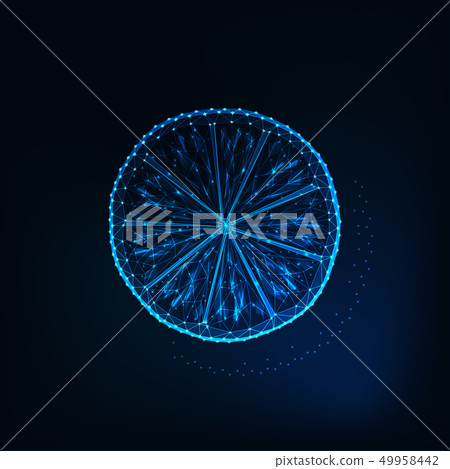 Glowing low polygonal slice of lemon isolated on dark blue background. 49958442