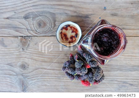 home made mulberry jam and fresh mulberry on wood home made mulberry jam and fresh mulberry on wood 49963473