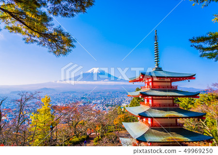 Beautiful landscape of mountain fuji with chureito pagoda around maple leaf tree in autumn season 49969250