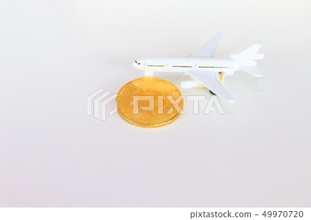bitcoin coins and model of passenger plane  49970720