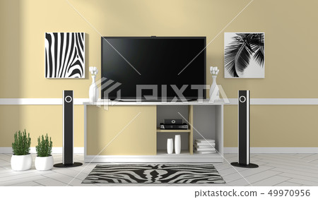 Smart Tv Mockup with blank black screen hanging Smart Tv Mockup with blank black screen hanging 49970956
