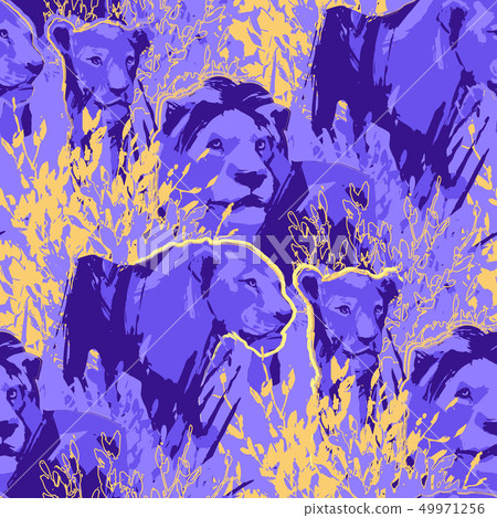 Seamless pattern of lion pride among the grass and bushes Seamless pattern of lion pride among the grass and bushes 49971256