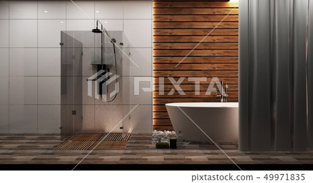 White tile and wood wall bathroom interior  49971835