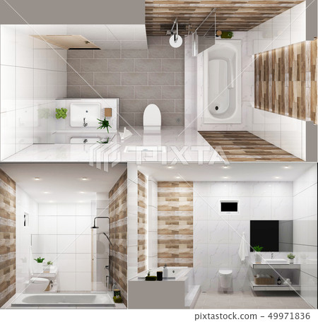White tile and wood wall bathroom interior White tile and wood wall bathroom interior 49971836