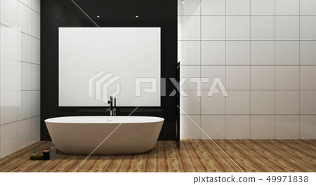 White tile and wood wall bathroom interior  49971838