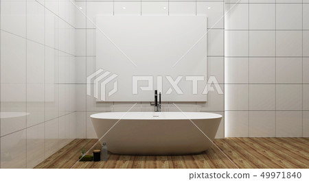 White tile and wood wall bathroom interior White tile and wood wall bathroom interior 49971840