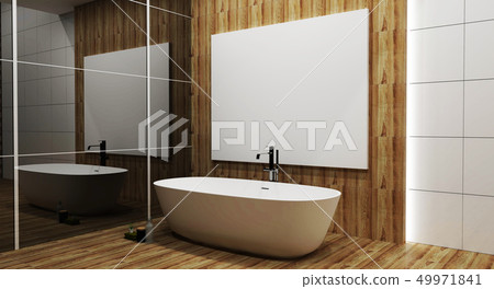 White tile and wood wall bathroom interior White tile and wood wall bathroom interior 49971841