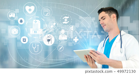 Doctor with Medical Healthcare Graphic in Hospital Doctor with Medical Healthcare Graphic in Hospital 49972130