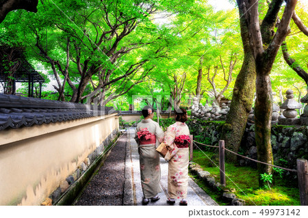 Traveler in Japanese Garden, Kyoto, Japan 49973142