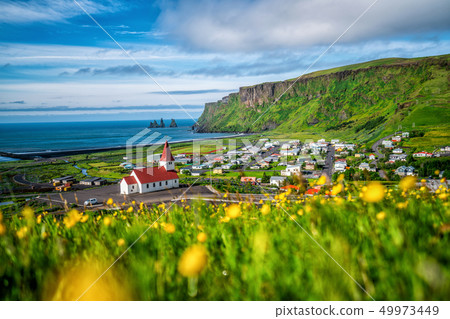 Beautiful town of Vik i Myrdal Iceland in summer. Beautiful town of Vik i Myrdal Iceland in summer. 49973449