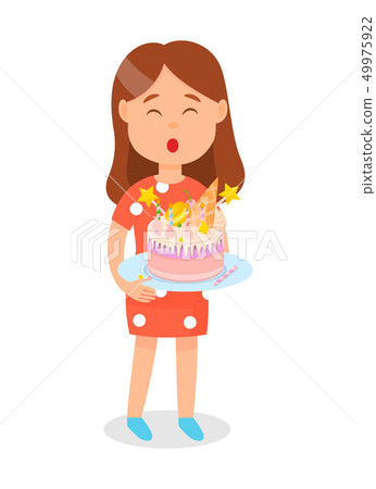 Girl Holding Birthday Cake Blowing out Candles. Girl Holding Birthday Cake Blowing out Candles. 49975922