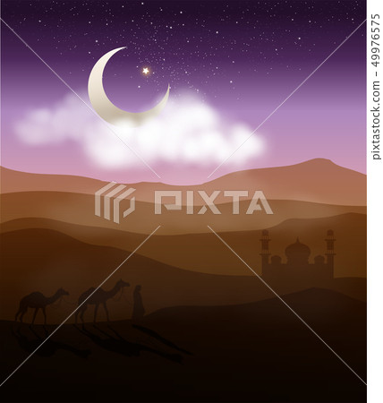 walking to the mosque in starry night desert 49976575