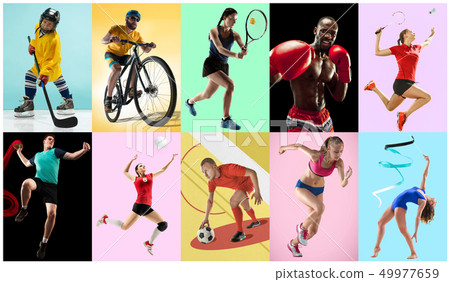 Sport collage about athletes or players. The tennis, running, badminton, rhythmic gymnastics Sport collage about athletes or players. The tennis, running, badminton, rhythmic gymnastics 49977659