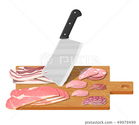Cutting board, butcher cleaver and piace of meat. Cutting board, butcher cleaver and piace of meat. 49978499