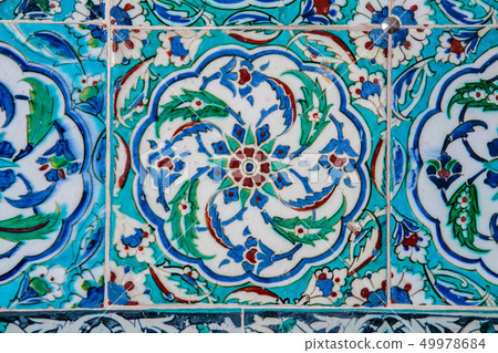 Texture of ceramic tiles in oriental East style. Turkish ceramic tiles lined on the wall. Old 49978684