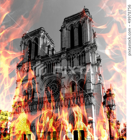 Notre Dame Cathedral burning by massive fire, representation. Notre-Dame de Paris in fire. Photo Notre Dame Cathedral burning by massive fire, representation. Notre-Dame de Paris in fire. Photo 49978756
