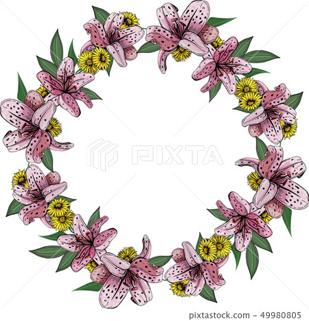 A wreath of lilies and yellow chamomile 49980805