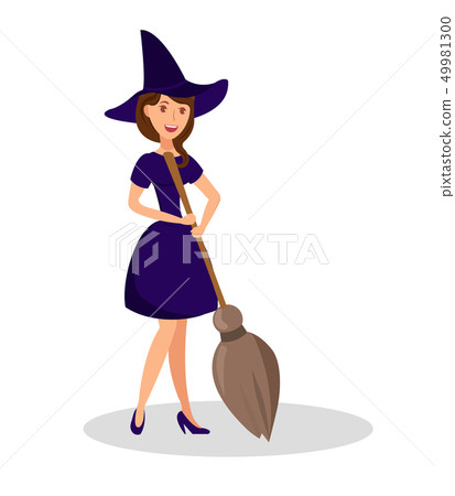 Witch Holding Broomstick Flat Color Illustration 49981300