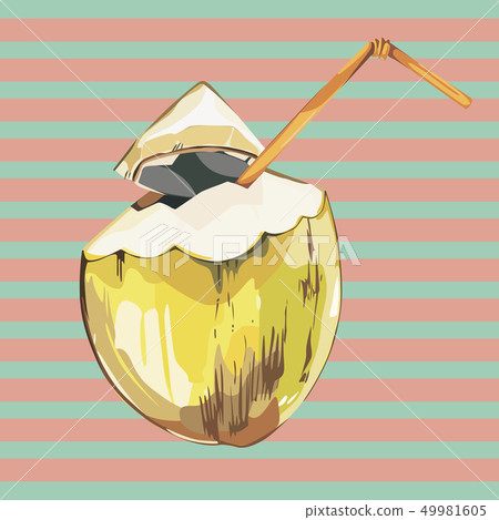 Coconut hand drawn sketch with strelitzia flowers. Watercolor tropical food illustration. Isolated Coconut hand drawn sketch with strelitzia flowers. Watercolor tropical food illustration. Isolated 49981605