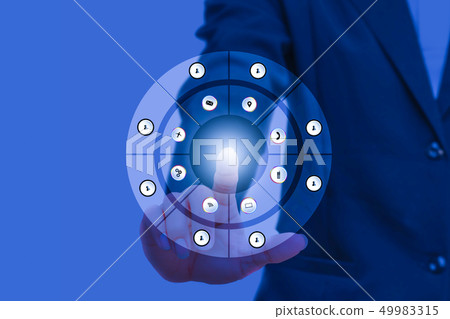 businessman pressing modern social buttons businessman pressing modern social buttons 49983315