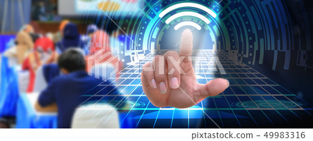 businessman pressing touch button wifi connection businessman pressing touch button wifi connection 49983316