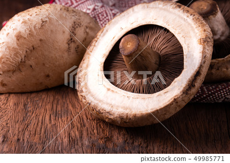 portobello mushrooms over old wood background 49985771