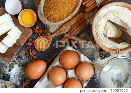 Ingredients and utensils for baking cookies Ingredients and utensils for baking cookies 49987625