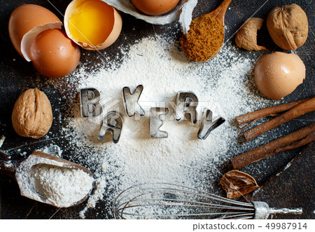 Ingredients and utensils for baking with word 49987914