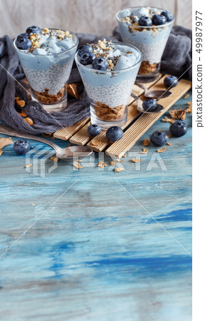 Blueberries and yogurt chia pudding parfait 49987977
