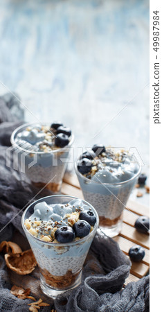 Blueberries and yogurt chia pudding parfait 49987984
