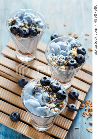Blueberries and yogurt chia pudding parfait 49987986