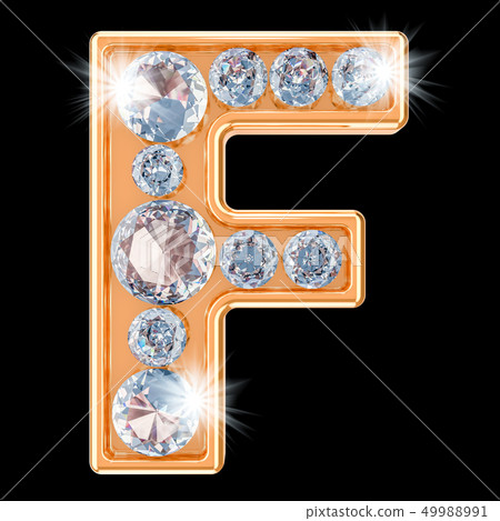 Golden letter F with diamonds. 3D rendering 49988991