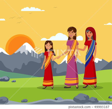 Girl with Mom and Gran, Indian Family Illustration Girl with Mom and Gran, Indian Family Illustration 49993187