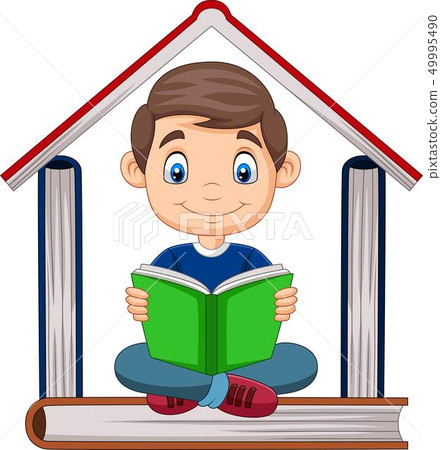 Cartoon boy reading a book with pile of books form Cartoon boy reading a book with pile of books form 49995490
