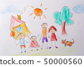 Children's drawing My Happy Family . The concept of child psychology. Psychological testing of the 50000560