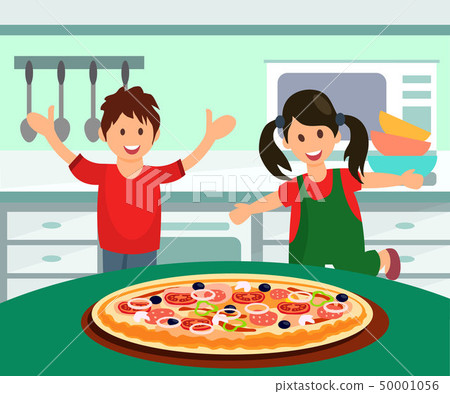 Children Having Pizza for Lunch Flat Illustration 50001056