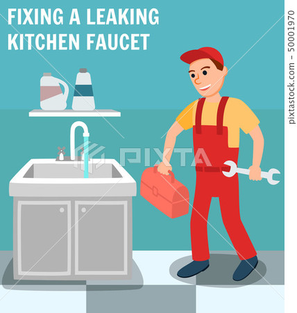 Plumber with Toolbox Wrench in Kitchen Interior 50001970
