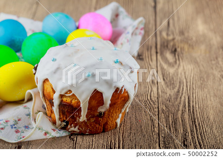 Easter symbols food Easter cake and painted eggs 50002252