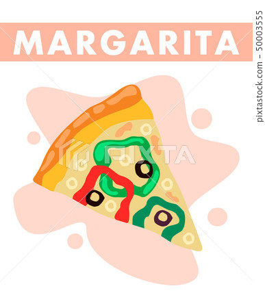 Margarita Pizza Slice Closeup Flat Illustration Margarita Pizza Slice Closeup Flat Illustration 50003555