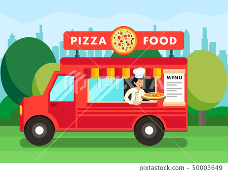 Chef in Pizza Food Truck Cartoon Illustration 50003649