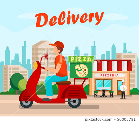 Courier Driving Motorbike Flat Cartoon Poster Courier Driving Motorbike Flat Cartoon Poster 50003781